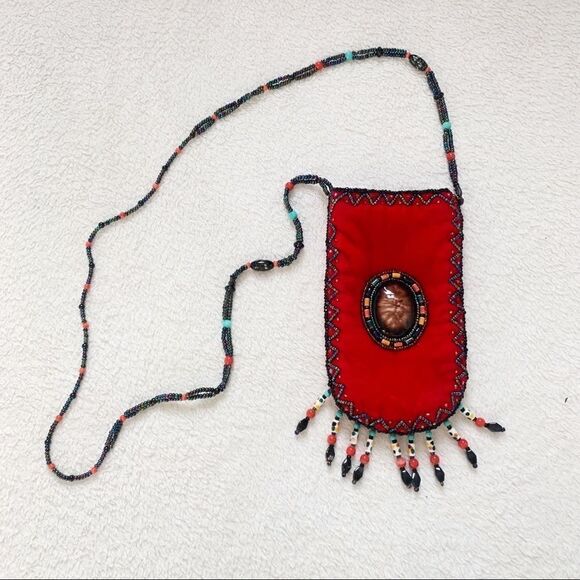 Handmade LITTLE RED COIN PURSE with beautiful beadwork NWOT - Picture 1 of 6